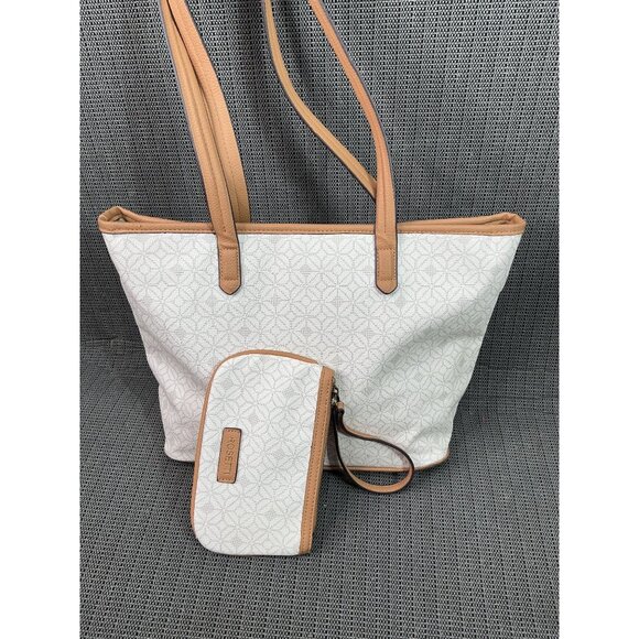 Rosetti Beige & Tan Tote Bag With Geometric Pattern & Matching Pouch - Picture 11 of 13